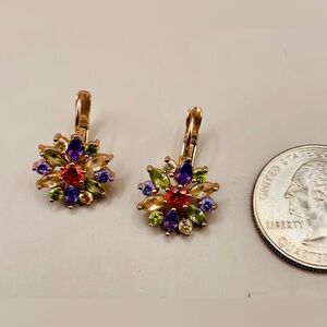 Rose gold tone multi colored flower gem dangle earrings. Statement earrings.